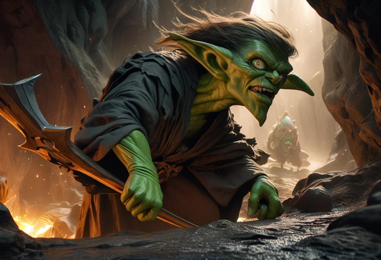 a clever, vicious green goblin, big detailed eyes, long ear hair, tattered mystic robe, wielding a pickaxe, lots of mystic pouches, quickly sneaking around a cavern, cinematic lighting, surreal, dark fantasy, highly detailed, 8k, photorealistic, sharp focus, professional, vibrant colors