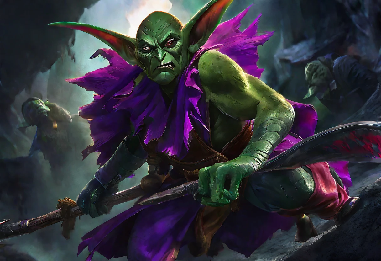 a clever, vicious green goblin, big detailed eyes, long ear hair, tattered mystic robe, wielding a pickaxe, lots of mystic pouches, quickly sneaking around a cavern, cinematic lighting, surreal, dark fantasy, highly detailed, 8k, photorealistic, sharp focus, professional, vibrant colors