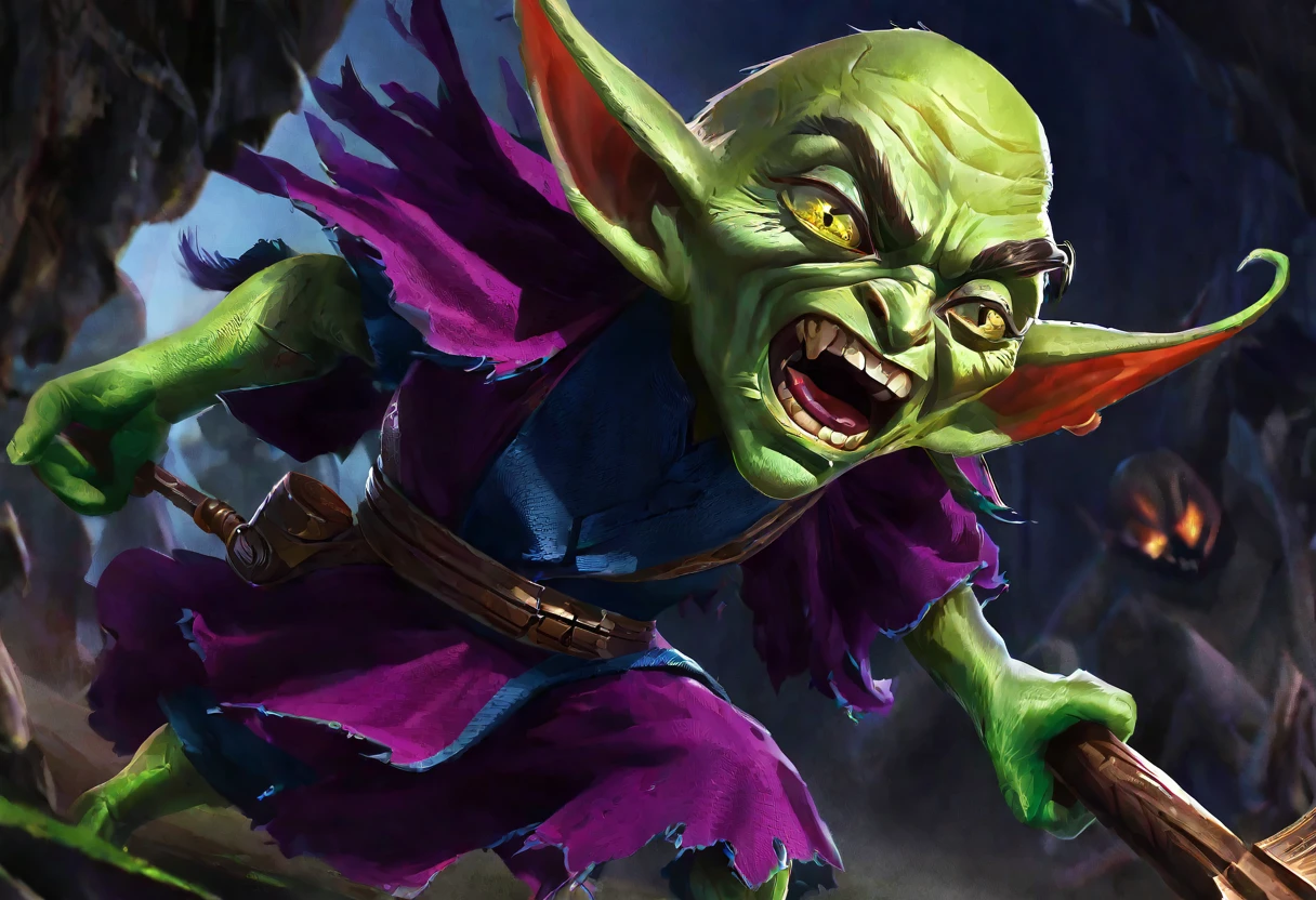 a clever, vicious green goblin, big detailed eyes, long ear hair, tattered mystic robe, wielding a pickaxe, lots of mystic pouches, quickly sneaking around a cavern, cinematic lighting, surreal, dark fantasy, highly detailed, 8k, photorealistic, sharp focus, professional, vibrant colors