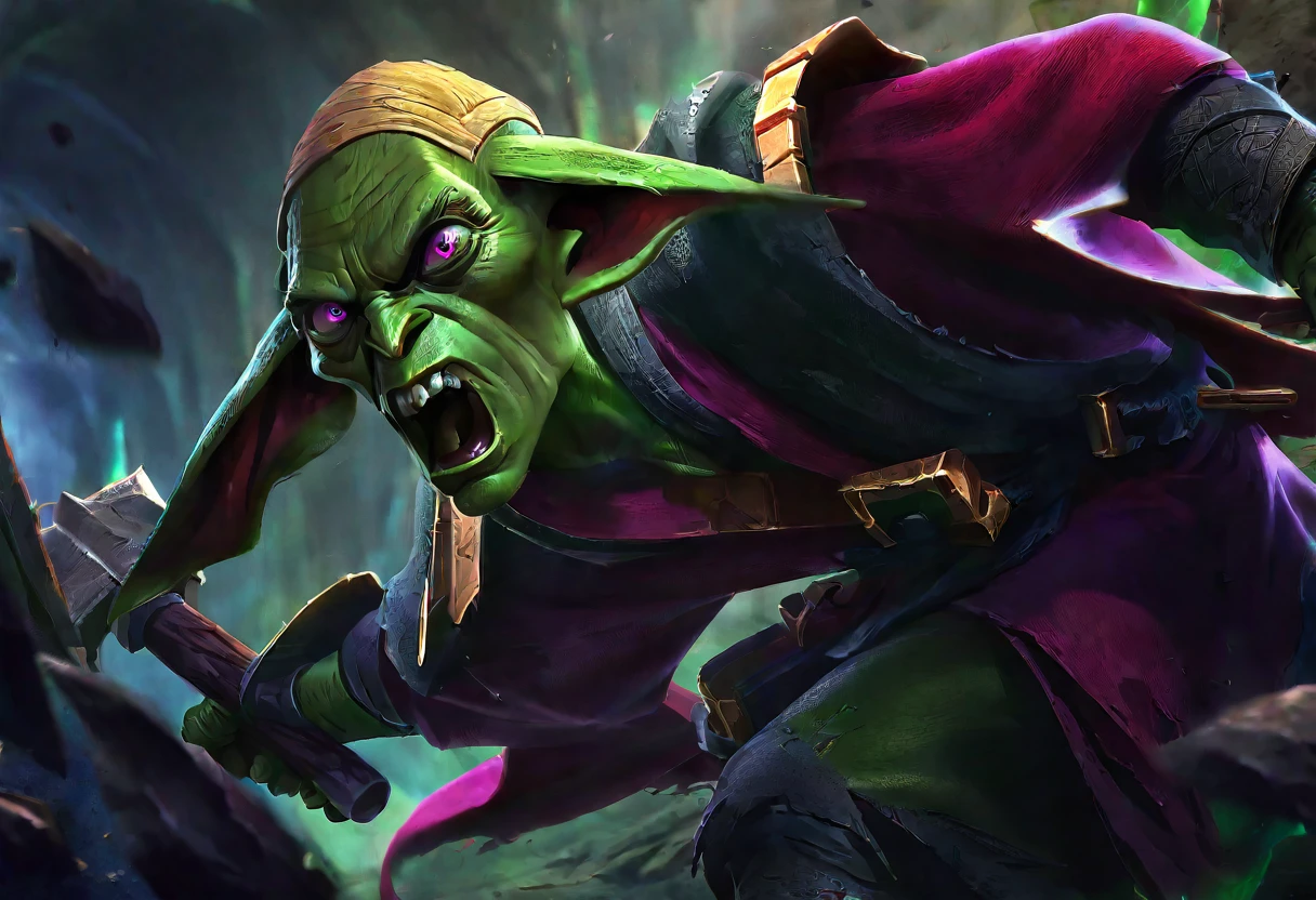 a clever, vicious green goblin, big detailed eyes, long ear hair, tattered mystic robe, wielding a pickaxe, lots of mystic pouches, quickly sneaking around a cavern, cinematic lighting, surreal, dark fantasy, highly detailed, 8k, photorealistic, sharp focus, professional, vibrant colors
