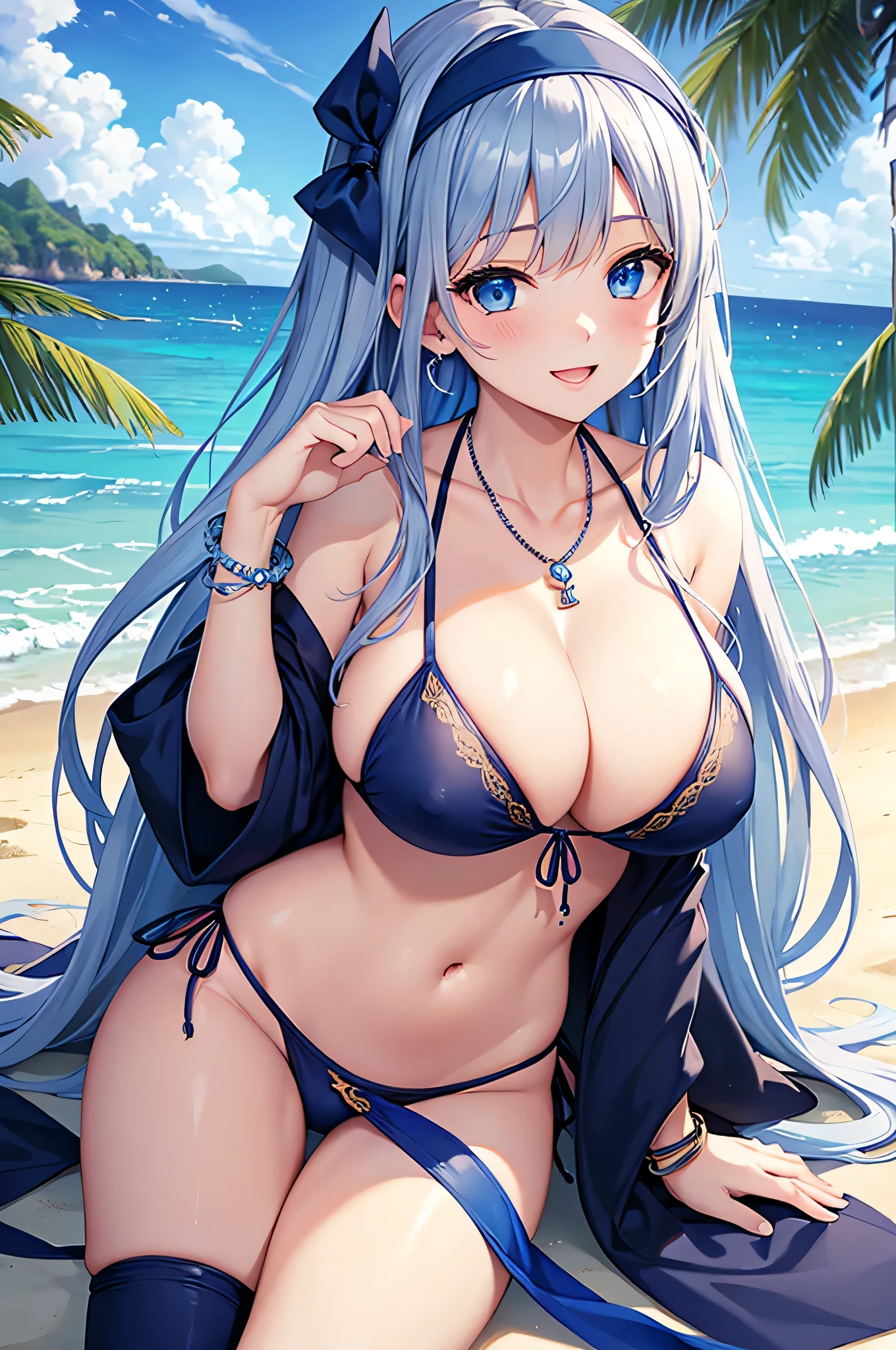 highest quality、Best image quality、masterpiece、beautiful girl、Navy blue long hair、blue eyes、Navy Blue Bikini、Big cleavage、(Big Breasts)、smile、blue necklace、Blue Earrings、background(Beach)、Sexy pose、Please open your mouth wide、White headband、Lie on your back on the beach、bracelet