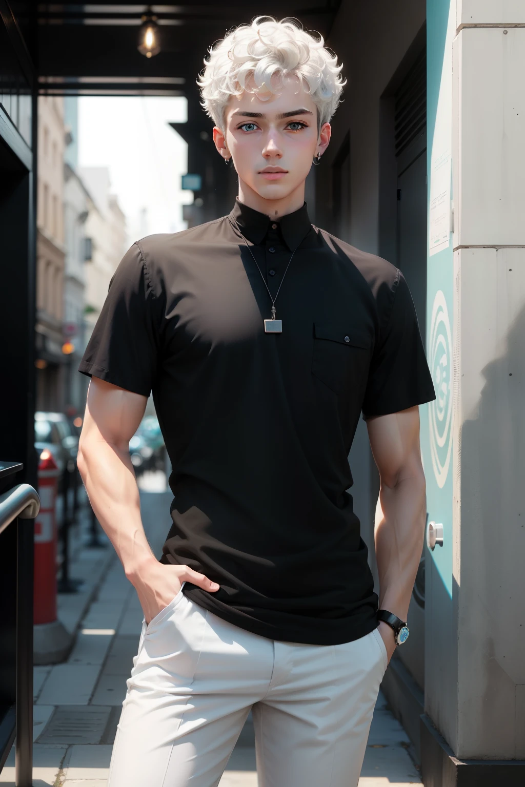 A young man, white short curly hair, Cyan eyes, black shirt, White rose in your pocket