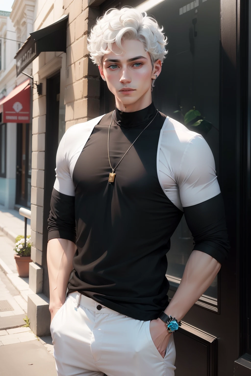 A young man, white short curly hair, Cyan eyes, black shirt, White rose in your pocket