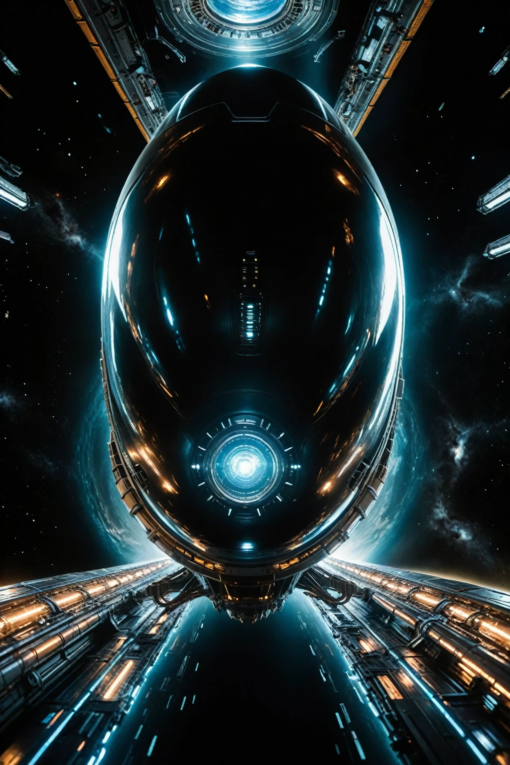 In a breathtaking, cinematic shot, a colossal bioengineered spacecraft from the 32nd century soars through swirling vortexes of hyperspace wormholes. The vessel's sleek, metallic hull glows with bioluminescent accents, as holographic displays flicker to life within its intricate, hyper-realistic interior. Advanced alien technology hums softly, casting a warm, otherworldly glow on the zero-gravity environment. Glowing energy conduits pulse like veins, while advanced machinery whirs and clicks around the futuristic design. Alien crew members move with fluid ease, their suits reflecting the stunning visuals as they navigate the epic scale of this majestic spacecraft.