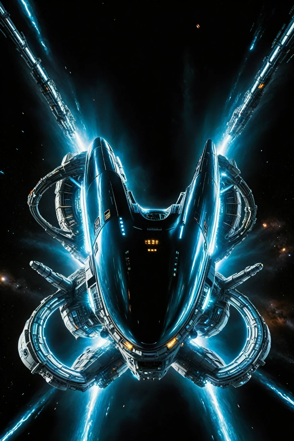 In a breathtaking, cinematic shot, a colossal bioengineered spacecraft from the 32nd century soars through swirling vortexes of hyperspace wormholes. The vessel's sleek, metallic hull glows with bioluminescent accents, as holographic displays flicker to life within its intricate, hyper-realistic interior. Advanced alien technology hums softly, casting a warm, otherworldly glow on the zero-gravity environment. Glowing energy conduits pulse like veins, while advanced machinery whirs and clicks around the futuristic design. Alien crew members move with fluid ease, their suits reflecting the stunning visuals as they navigate the epic scale of this majestic spacecraft.
