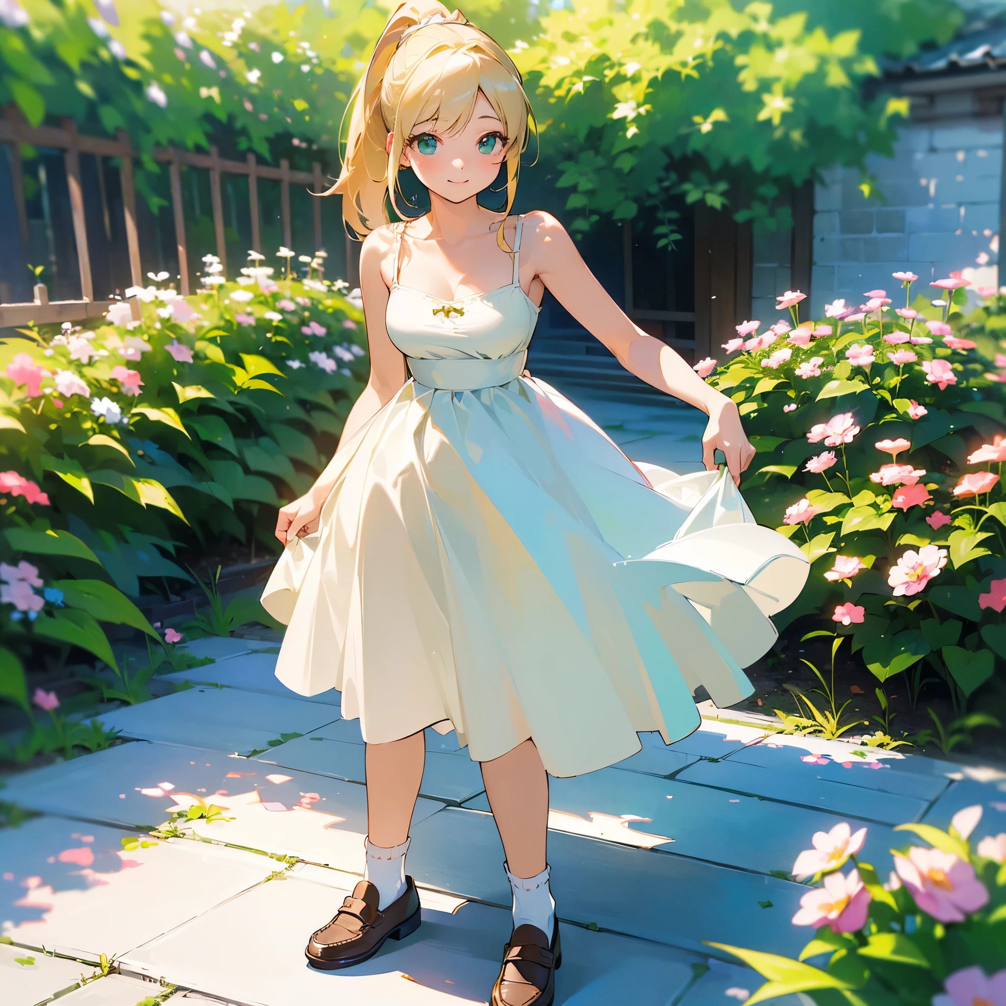 (high quality, High resolution, Very detailed, reality:1.37), Peaceful atmosphere, (Outdoor, garden), Teenage girl standing alone, (my breasts are big.), Beautiful details, Cute Smile, (Blonde Ponytail), White camisole dress, White socks, loafers.
