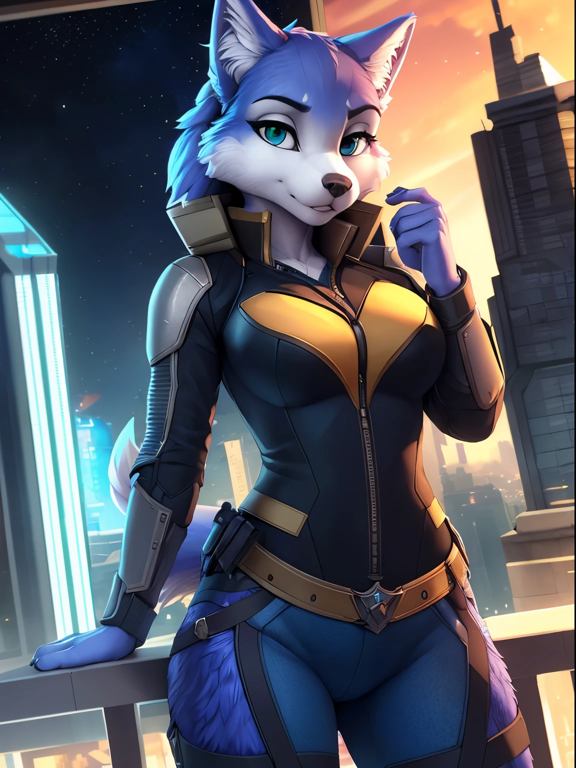 By iskra, by wolfy-nail, by Personalami, Krystal, Star Fox, female, (detailed), view of the viewer, fluffy, solo, 1 girl, high resolution, photorealistic, green eyes, ((clear structural details)), detailed realism, slim, soft, 4k, excellent quality, high details, (seductive), detailed fur, in the city, dressed like a detective, futuristic metropolitan cuty with endless skyscrapers, 8k,masterpiece,score_9,score_8,score_7,score_8_up,score_7_up,score_6_up, best quality, trending on artstation