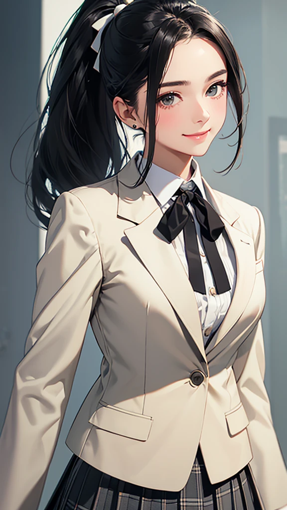 highest quality、Realistic、Women、zoom、cute、Grey Eyes、Black Hair、ponytail、ivory blazer、White blouse、Ribbon、Green checked pleated skirt、、Looking down、smile、Bust Shot、