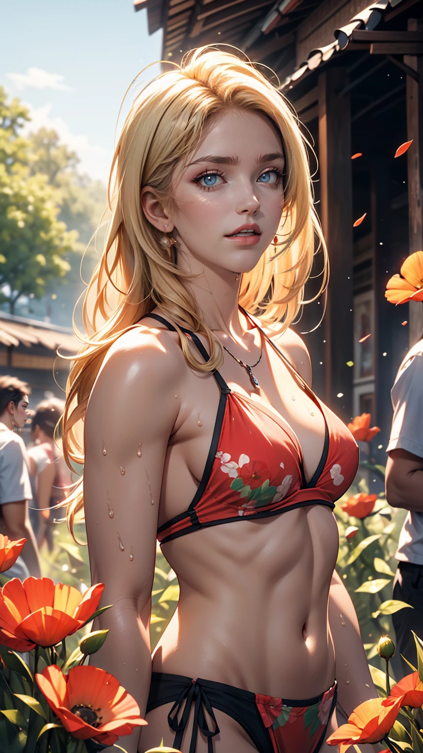 One girl, alone, elegant hair (whole body: 1.1), (Looking at the audience: 1.1), Young African Boy, Tight tiny bikini, Wild poppies swaying in the wind, movie , sweet_ta, highest quality, masterpiece, Blonde, blue eyes. Open your mouth,,Exquisite mouth,((Ejaculation in the mouth)),Delicate,mouth,Highly detailed face,blush,Shiny wet skin,Normal tongue,Don't stick out your tongue,Pink Lips,Delicate lips, ((All over the face, mouth and cheeks))