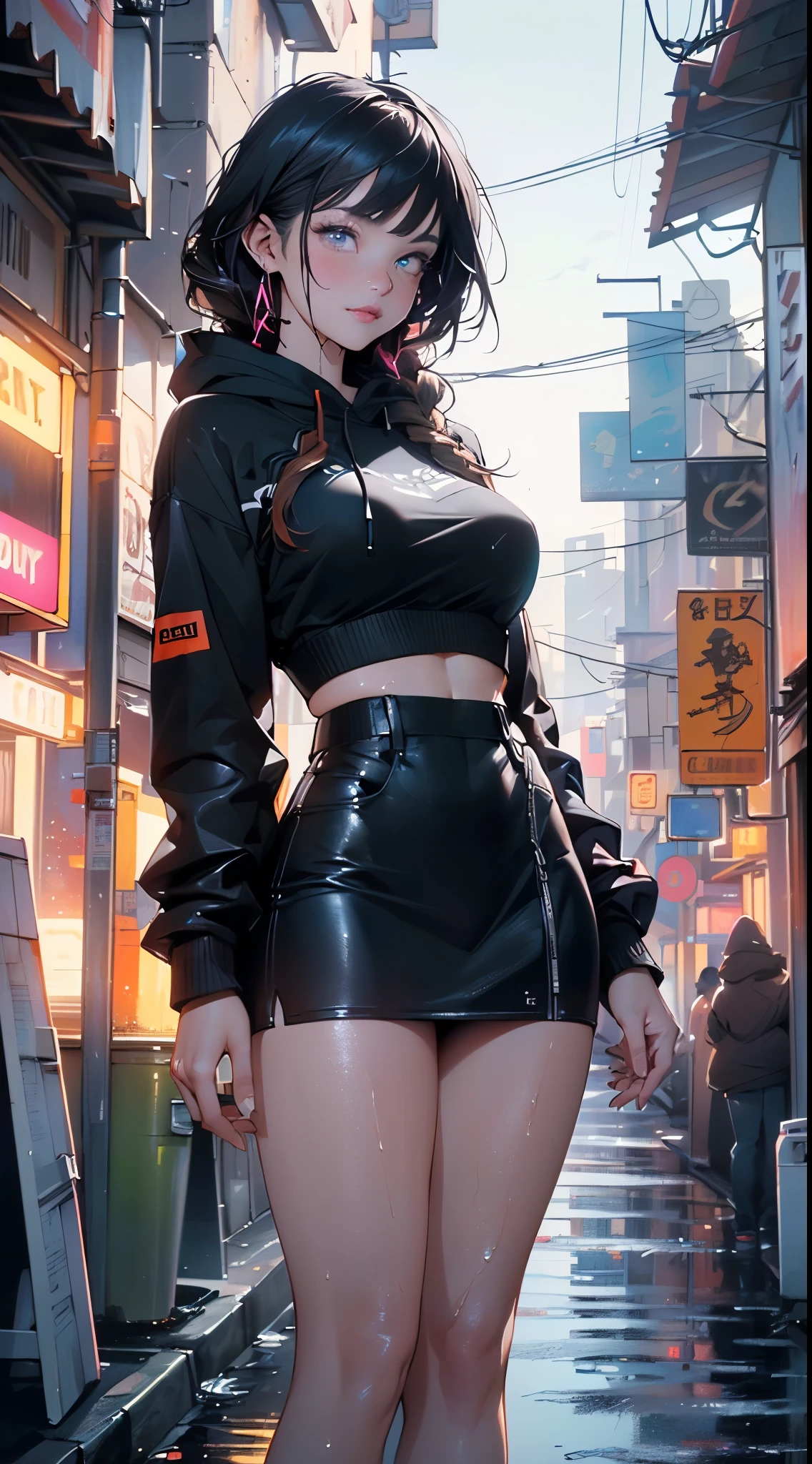 physical trainer girl,(((1girl))),

(large breasts:1.4),saggy breasts,(((ear fins:1.5))),(glowing eyes),(((orange_eyes:1.2))),(((black sclera:1.5))),symmetrical eyes,((fat)),(((lustrous skin:1.5,bright skin: 1.5,skin tanned,shiny skin,very shiny skin,shiny body,plastic glitter skin,exaggerated shiny skin,illuminated skin, wet legs))),(spider lower abdomen,narrow waist,wide hip,athletic body,inflated legs, thick thighs,detailed body,(detailed face)),((twin tail hairstyle, black hair,turquoise highlights hair)),

cute,slutty,seductive,erotic,((nsfw)),

((physical trainer suit)), orange headwear, ((orange skirt, black shirt, white panties)), ((Skirt Lift Front, (skirtliftfront))),((wet clothes,intricate outfit,intricate clothes)),

(dynamic pose:1.0),embarrassed,(centered,scale to fit dimensions,Rule of thirds),

cyberpunk city by the ocean at night, with bright neon signs and dark stormy clouds and puddles, scenery:1.25,nighttime, starry night, cosmos,Very dark night that makes the neon lights stand out, very bright neon lights,

artistic photography,(photography taken by sldr),highres, sharp focus,(ultra detailed, extremely detailed), (photorealistic artwork:1.37),(extremely detailed CG unity 8k wallpaper),((synthwave background theme)),(((vibrant colors))),intricate,(intricate background),(masterpiece),(best quality),perfect rendered face,perfect face details,realistic face,photo realistic,analog style,((intricate detail)),(((realism))),

