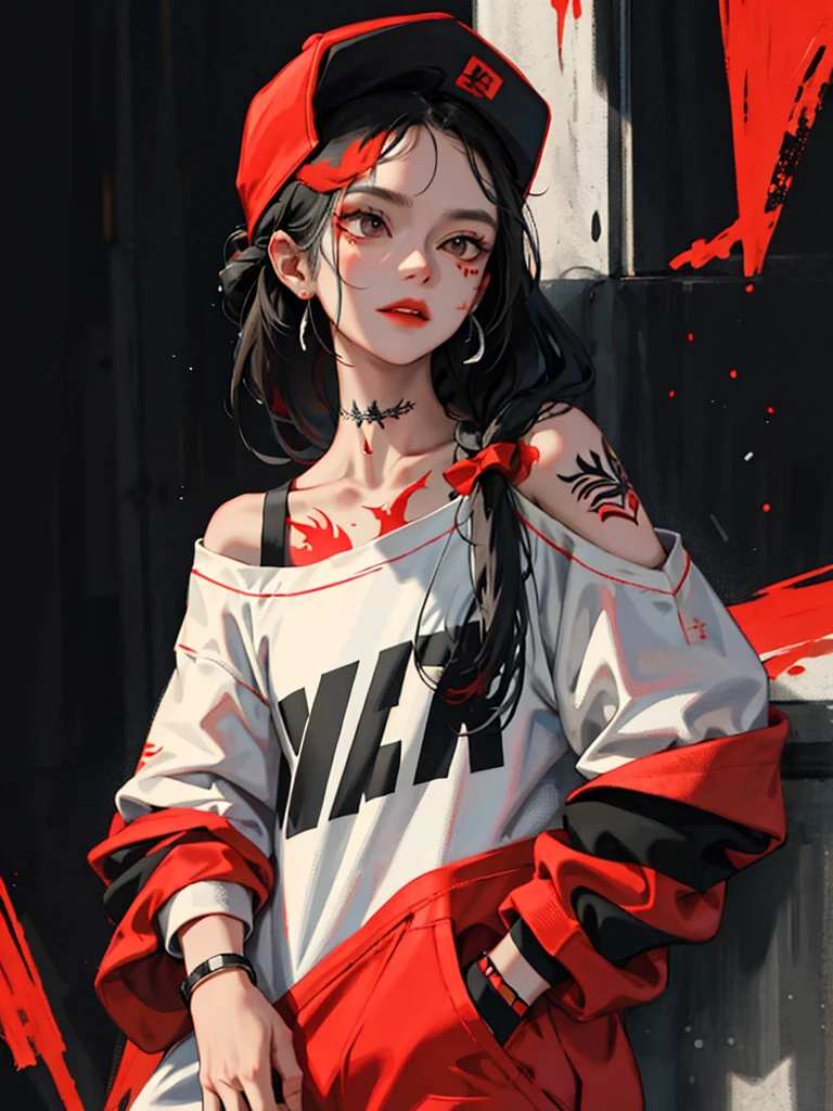 1girll,Back shadow splatter, red paint splatter Sweatshirt(black ish color),face and neck tattoo, An off-the-shoulder garment,baseball cap,Alchemy Laboratory,the mystery of unknown territories,Put your hands in your pockets,random colorful long hair,Shoulder-length hair,Black eyes,Game scene graph, raining street background