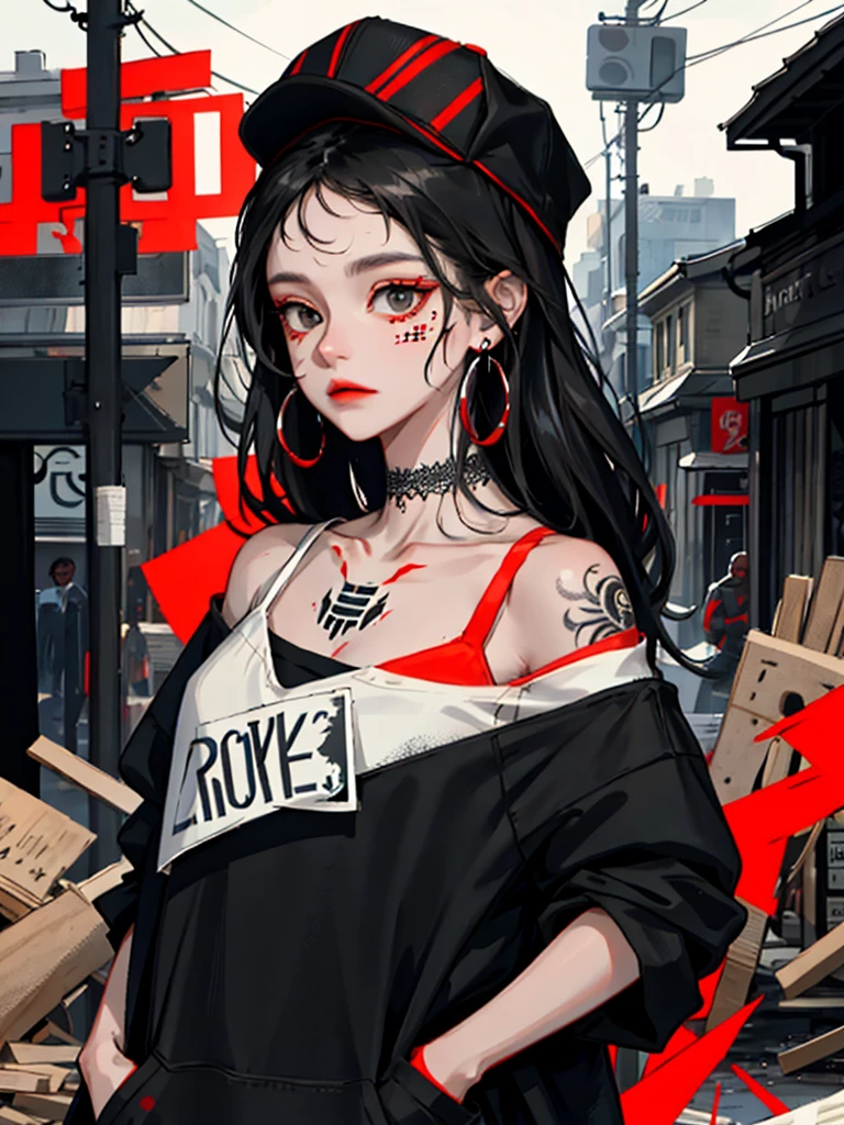 1girll,Back shadow splatter, red paint splatter Sweatshirt(black ish color),face and neck tattoo, An off-the-shoulder garment,baseball cap,Alchemy Laboratory,the mystery of unknown territories,Put your hands in your pockets,random colorful long hair,Shoulder-length hair,Black eyes,Game scene graph, raining street background