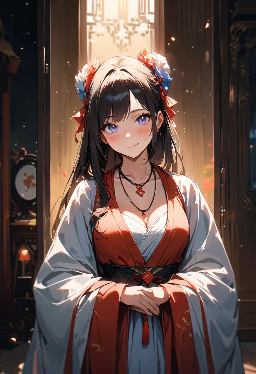 good quality, masterpiece, High Resolutiexist, 1 Girl, blush, (Charming smile: 0.8), Starry Eyes, Chinese Hanfu, Hair accessories, necklace, Jewelry, beauty, exist_Body, Tyndall effect, realism, Shadow Room, Light Edge, Two-texiste Lighting, (High Detail Skin: 1.2), 8K Ultra HD, SLR, Soft Light, high quality, Volumetric Lighting, photo, High Resolutiexist, 4k, 8K, Background blur, Light tulle,