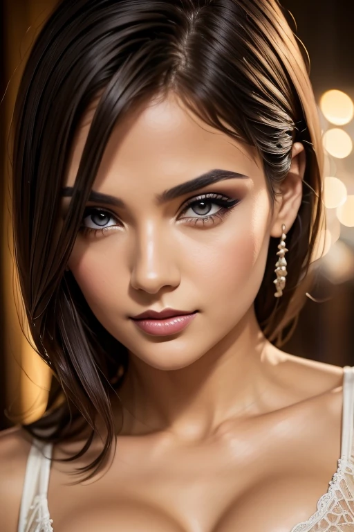 Night, RAW Photography, (((Very Beautiful Portrait))), (Very Beautiful Portrait))), 1 Girl, Sexy 25 Year Old Girl, ((Natural Brown Hair with Short Cuts)), [Brown Eyes],Gentle Smile Staring at the Camera(cleavage), ((Masterpiece, Best Quality, Ultra Detail, Cinematic Lights, Intricate Detail, High Definition, 8k, Very Detailed)), Detail Background, 8k UHD, DSLR, soft lighting, high quality, film grain, fujifilm XT3, shallow depth of field, natural light, perfect face