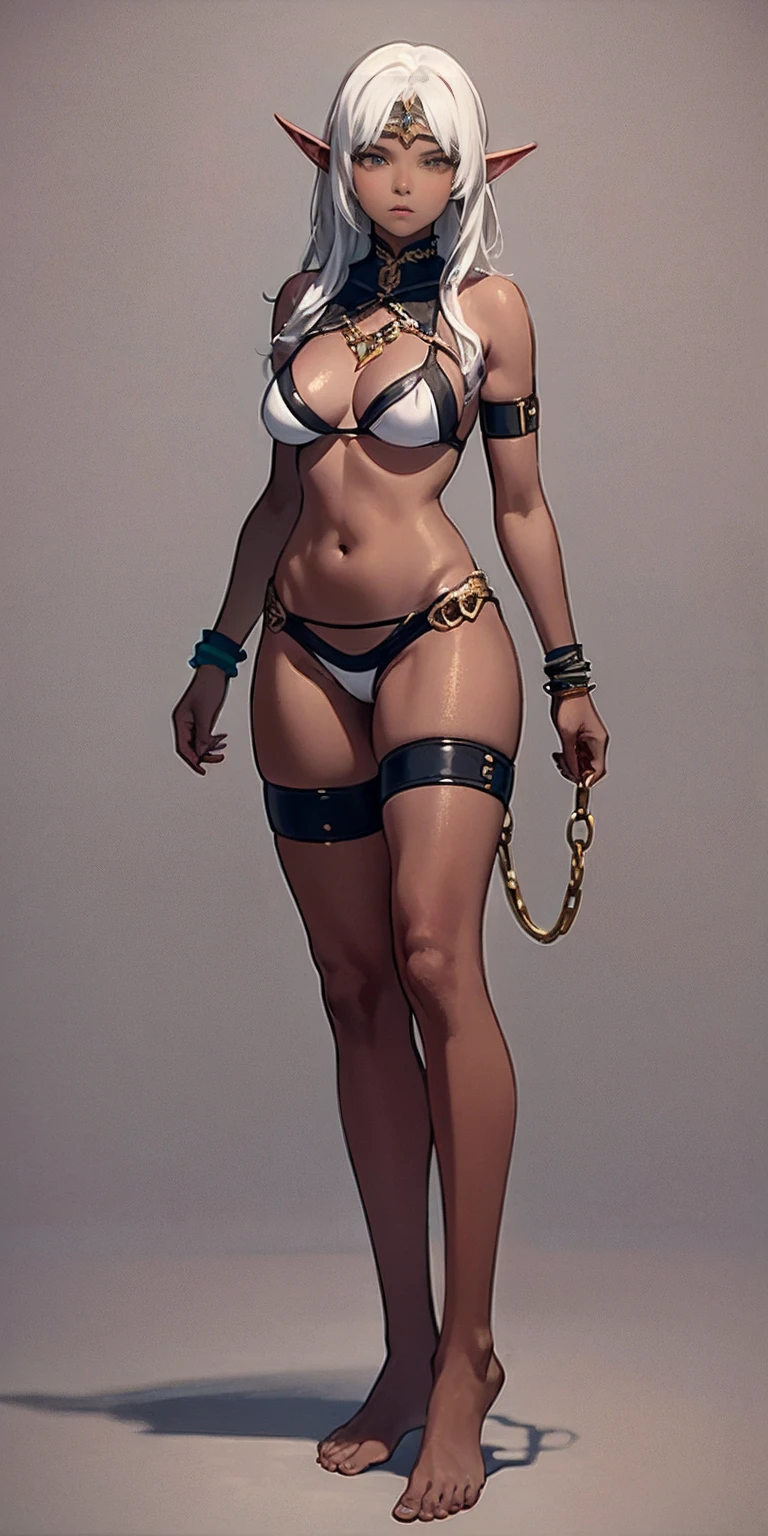 (Masterpiece, plain background:1.2) Female full body, standing straight symmetrical feet together, blood dark elf, dark skin, long messy white hair, short elf ears, circlet, yellow eyes, 1990s (style), female 1sologirl slingshot bikini, barefoot, bare handcuffs, shackles wristbands, bracers, bracelets, pauldrons metal shoulders