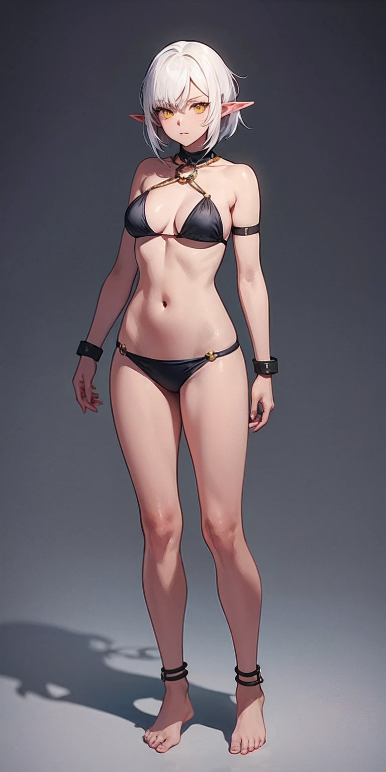 (Masterpiece, plain background:1.2) Female full body, standing straight symmetrical feet together, blood dark elf, dark skin, long messy white hair, short elf ears, circlet, yellow eyes, 1990s (style), female 1sologirl slingshot bikini, barefoot, bare handcuffs, shackles wristbands, bracers, bracelets, pauldrons metal shoulders