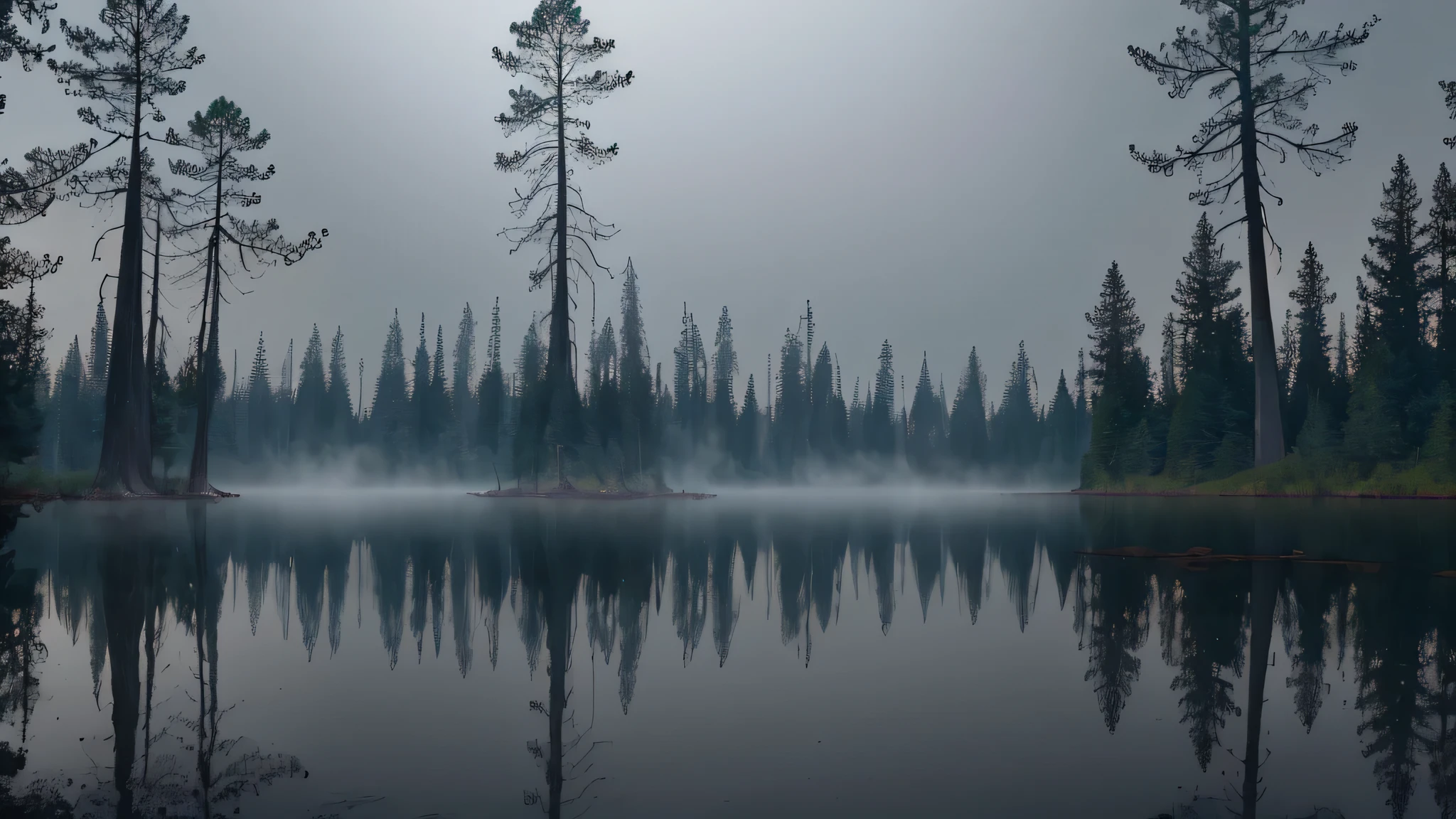 best god quality, Ultra-detailed, High resolution, Best lighting by professional AI, I'm in a dark forest that is surrounding a large lake. It is evening but heavily obscured by fog. The lake is eerie and black, the trees creepy and menacing. The lake is still and in the background heavily obscured by trees