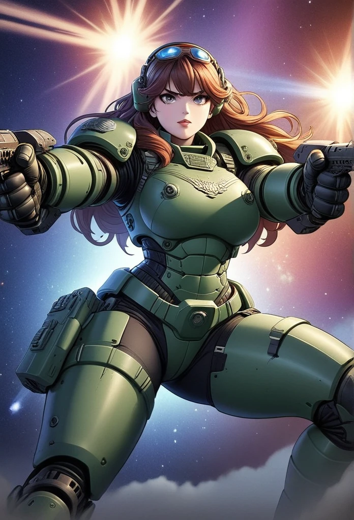 detailed illustration (side view),dynamic angle,ultra-detailed, illustration, pose for the camera, anime, clean line art, shading, woman, Big strong woman, wearing power armor, hand outstretched towards camera, fighting, rescuing viewer, helmet off, no helmet, beautiful woman, beautiful face, caring face, concerned face, female space marine, warhammer space marine, women space marines, in heavy power armor, warhammer 40k power armor,