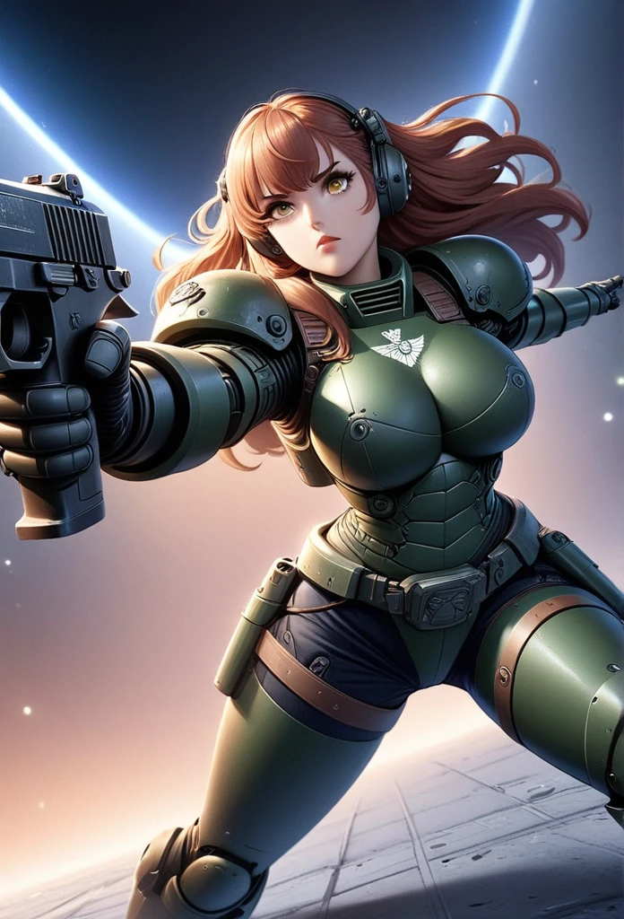 detailed illustration (side view),dynamic angle,ultra-detailed, illustration, pose for the camera, anime, clean line art, shading, woman, Big strong woman, wearing power armor, hand outstretched towards camera, fighting, rescuing viewer, helmet off, no helmet, beautiful woman, beautiful face, caring face, concerned face, female space marine, warhammer space marine, women space marines, in heavy power armor, warhammer 40k power armor,