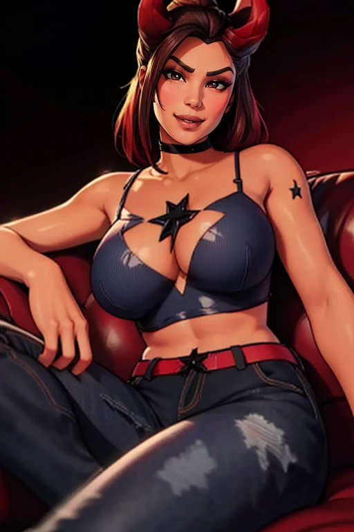 Surfer witch  style, 8k, hdr, ureal engine, ultra quality, big breasts  Beautiful woman colored hair, sitting cross-legged, ripped clothes, long breasts,detailed realistic cyberpunk style, brown hair, body, red top, blue jeans, 