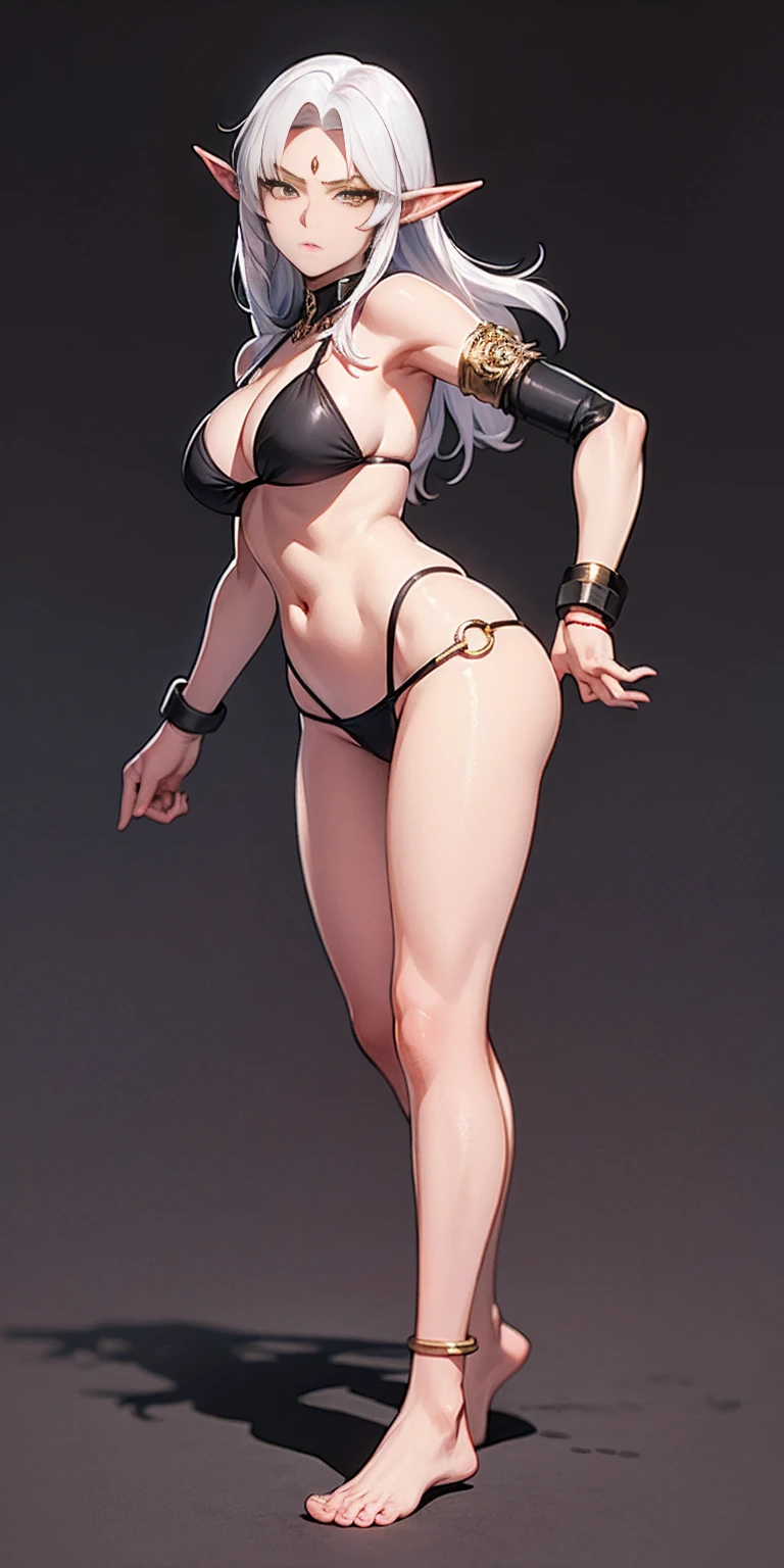 (Masterpiece, plain background:1.2) Female full body, standing straight symmetrical feet together, blood dark elf, dark skin, long messy white hair, short elf ears, circlet, yellow eyes, 1990s (style), female 1sologirl slingshot bikini, barefoot, bare handcuffs, shackles wristbands, bracers, bracelets, pauldrons metal shoulders