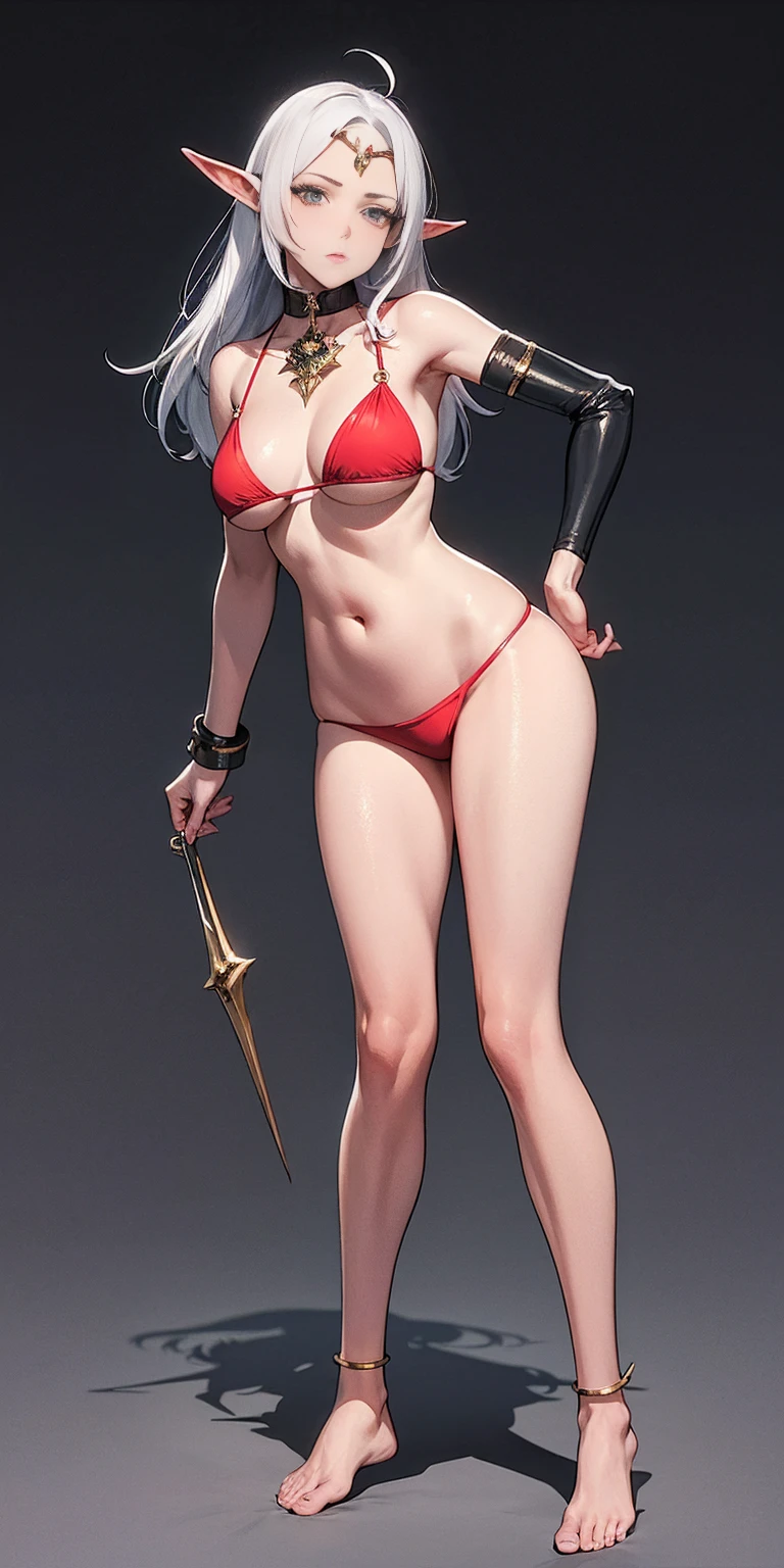 (Masterpiece, plain background:1.2) Female full body, standing straight symmetrical feet together, blood dark elf, dark skin, long messy white hair, short elf ears, circlet, yellow eyes, 1990s (style), female 1sologirl slingshot bikini, barefoot, bare handcuffs, shackles wristbands, bracers, bracelets, pauldrons metal shoulders