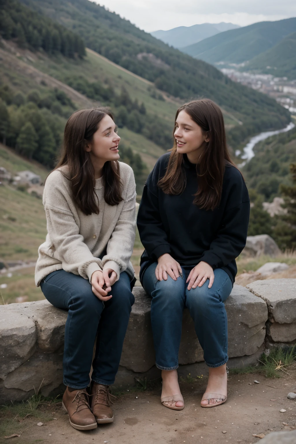 old woman and a young woman sit on the mountainside and talk