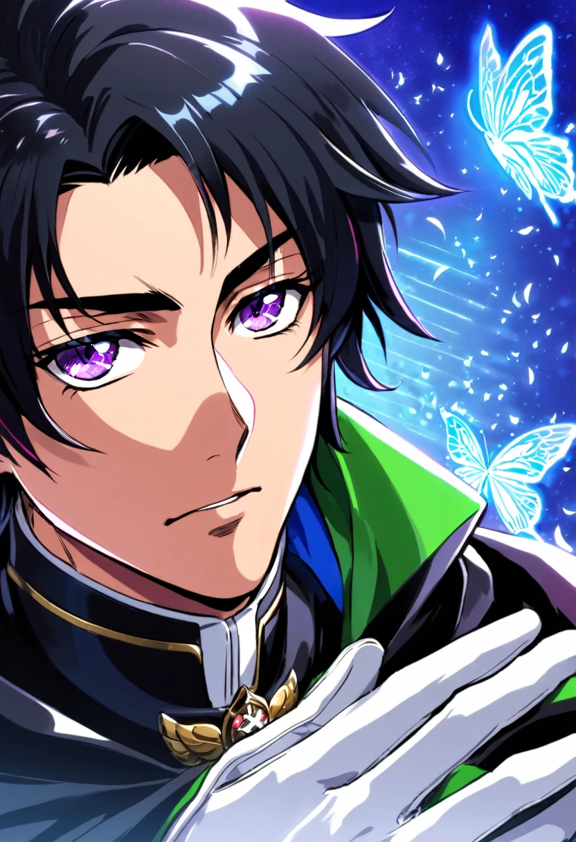 Ultra detailed, HDR, Highres, absurdres, master piece, Guren Ichinose, black hair, without bangs, expressive dark purple eyes, black cape, Owari No Seraph, black clothes, blue glittering butterflies, petals, fantasy, blue flowers, sexy man, solo, extremely detailed face and eyes, handsome, glittering, white gloves, blue background, blue flames, cross,