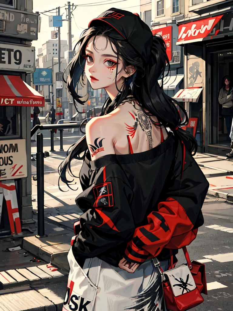 1girll,Back shadow splatter, red paint splatter Sweatshirt(black ish color),face and neck tattoo, An off-the-shoulder garment,baseball cap,Alchemy Laboratory,the mystery of unknown territories,Put your hands in your pockets,random colorful long hair,Shoulder-length hair,Black eyes,Game scene graph, raining street background