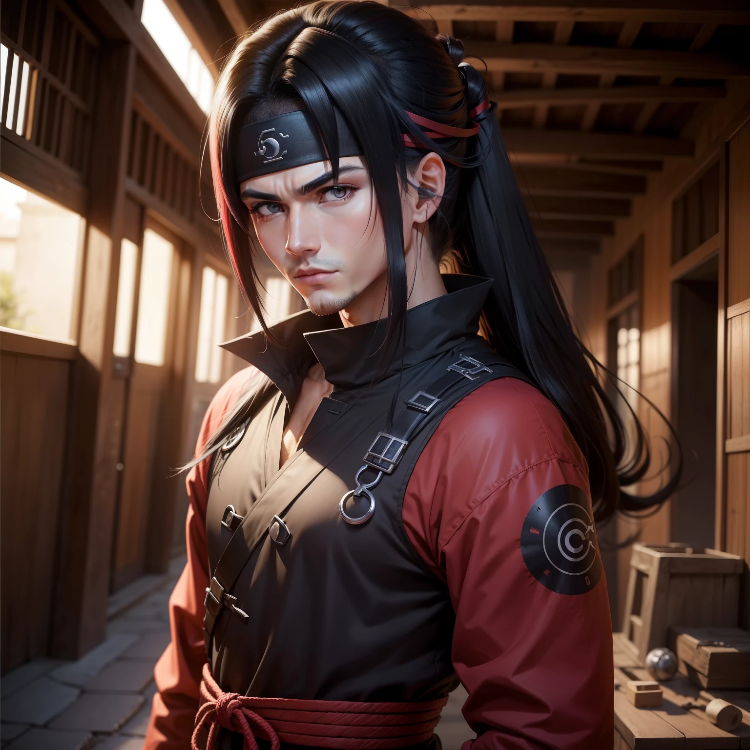 (best quality,ultra-detalhado),Homem estilo Uchiha, cabelo liso espetado atingindo a altura dos ombros, todo casaco preto com um estilo ninja, luvas pretas, Faixa Vermelha, 1 Olho Sharingan, estilo anime, corpo inteiro, circunstanciado. Destroyed village scenery