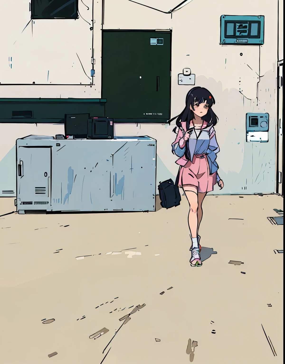Anime style的，Depicts a woman walking in a room with a refrigerator, anime girl running, 80s anime art style, Urban girl fan art, Beautiful anime high school, Anime style, Tokyo anime scene, Standing in the classroom, Anime style, in school hallway, modern anime style, author：Kobayashi Kiyochika