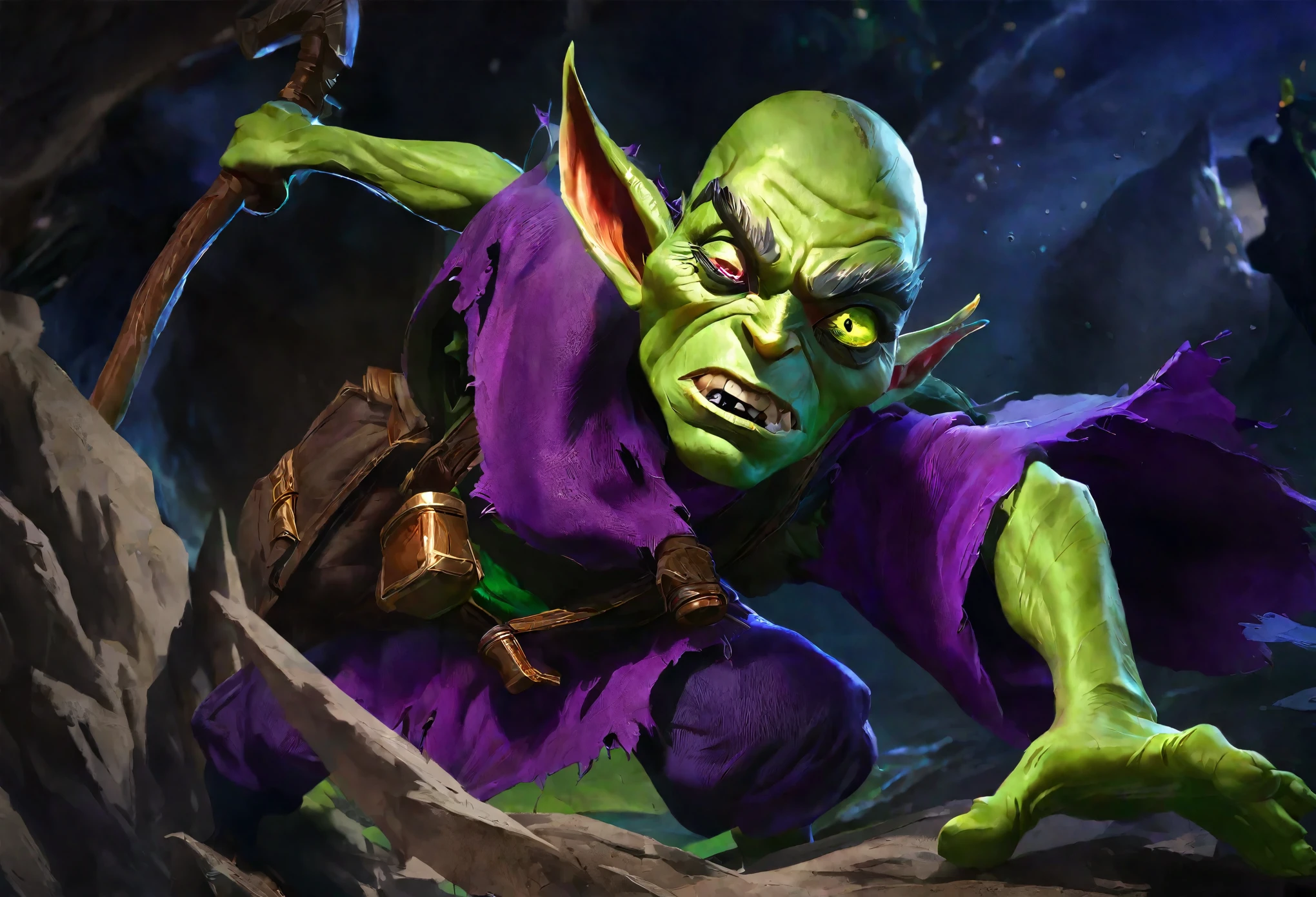a clever, vicious green goblin, big detailed eyes, long ear hair, tattered mystic robe, wielding a pickaxe, lots of mystic pouches, quickly sneaking around a cavern, cinematic lighting, surreal, dark fantasy, highly detailed, 8k, photorealistic, sharp focus, professional, vibrant colors