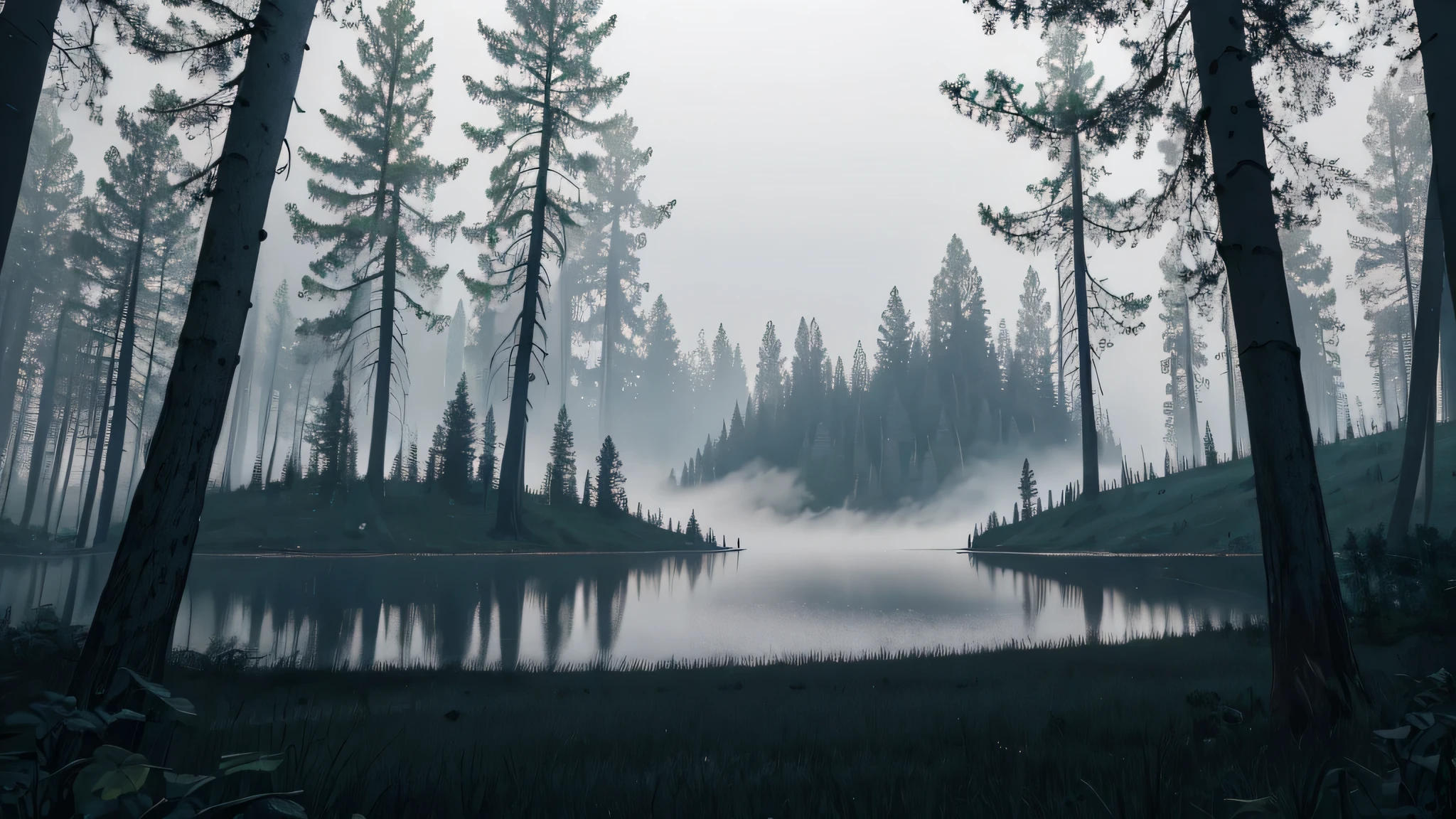 best god quality, Ultra-detailed, High resolution, Best lighting by professional AI, I'm in a dark forest that is surrounding a large lake. It is evening but heavily obscured by fog. The lake is eerie and black, the trees creepy and menacing. The lake is still and in the background heavily obscured by trees