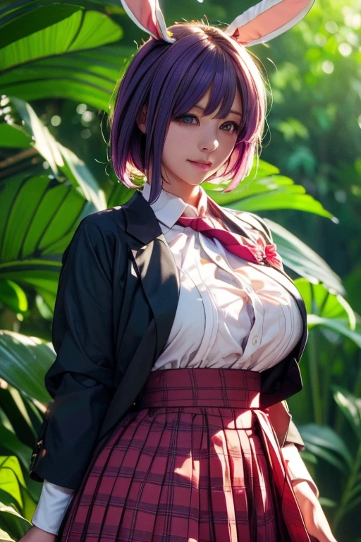 sit in tropical rainforest , steam , waistband of skirt is at the point above chest , plaid skirt , pleated skirt , Tight shirt , white Shirt , school girl , skirt under breasts , skirt is near breasts area , skirt is adjacent to the chest , (masterpiece, best quality, hires, high resolution:1.2, 4k, 8k , high quality), extremely detailed, realistic, intricate details, highres, 1girl, solo, (large breasts, thick thighs, wide hips), arched back,(cinematic lighting, sunlight, perfect lighting, backlighting), eye-level shot, extreme close-up-shot, looking at viewer, , green skirt nakano_yotsuba_ecsta, blue eyes, orange hair, hair ribbon, nakano yotsuba, short hair, green ribbon, hair between eyes , masterpiece, best quality,   1girl,smile,reisen udongein inaba, purple hair,very long hair, rabbit ears, red eyes,black jacket,pink skirt,necktie,