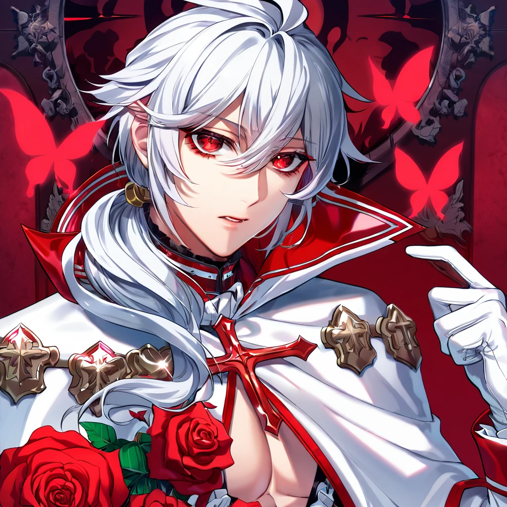 Ultra detailed, HDR, Highres, absurdres, master piece, Ferid Bathory, silver long hair tied in a low ponytail, expressive red eyes, white cape, Owari No Seraph, white vampire clothes, red glittering butterflies, petals, fantasy, red roses, sexy man, solo, extremely detailed face and eyes, handsome, glittering, white gloves, red background, red flames, cross, vampire, toned chest