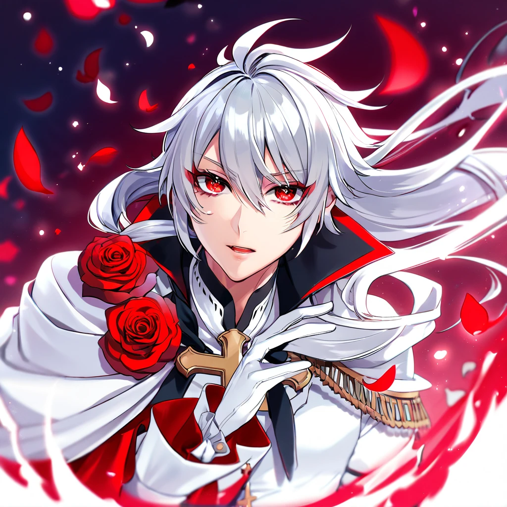 Ultra detailed, HDR, Highres, absurdres, master piece, Ferid Bathory, silver long hair tied in a low ponytail, expressive red eyes, white cape, Owari No Seraph, white vampire clothes, red glittering butterflies, petals, fantasy, red roses, sexy man, solo, extremely detailed face and eyes, handsome, glittering, white gloves, red background, red flames, cross, vampire, toned chest