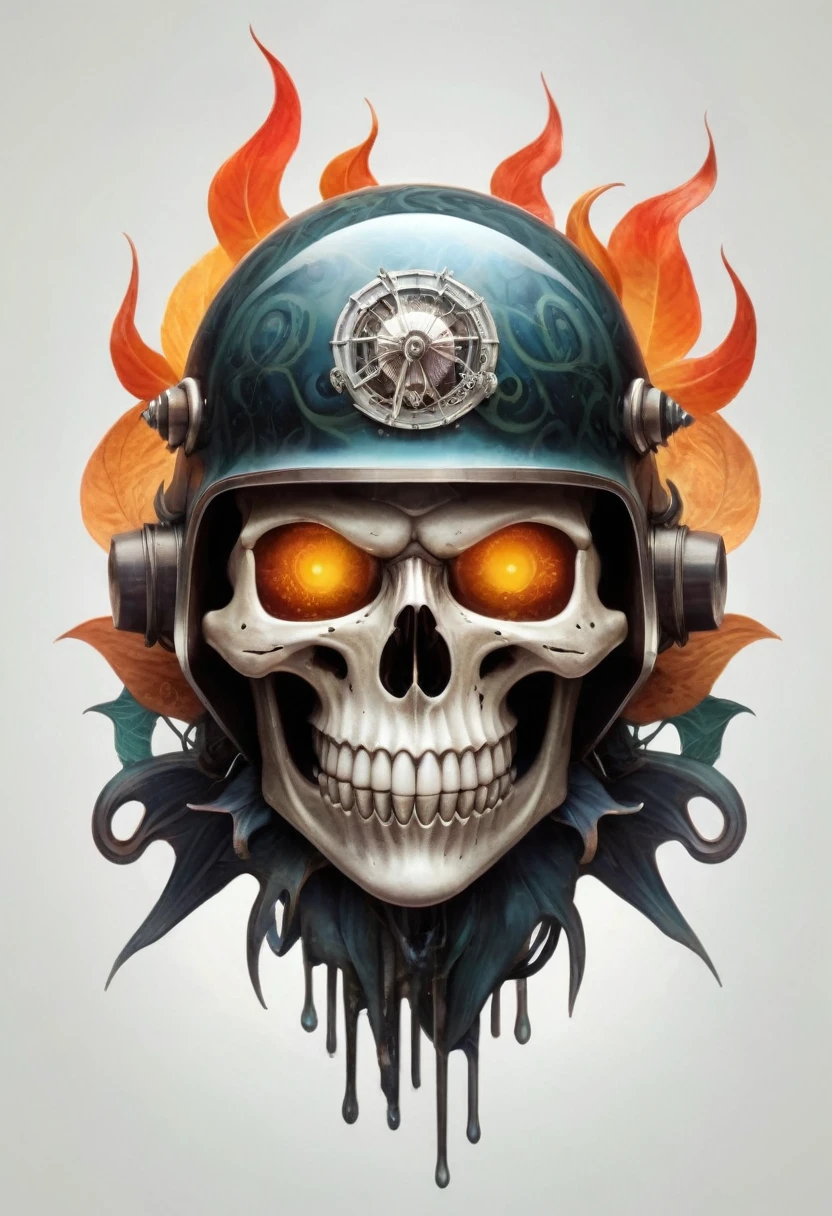 "Design an intricate t-shirt logo with a bold, vintage, and rugged look. At the centre, place a detailed skull, featuring a biker's helmet with metallic rivets and aviator-style goggles that reflect subtle hints of light. The skull's jawline is obscured by a tattered bandana, adorned with a small, intricate paisley pattern, giving it a rebellious, outlaw aesthetic.
Behind the skull, position two tattoo machines diagonally crossed, resembling crossbones. Each tattoo machine should be rendered with meticulous detail, showcasing the coils, needles, and frames, emphasizing the craftsmanship.
Above the skull, add a slightly curved, weathered banner with frayed edges that reads 'INKED' in bold, capital letters, distressed to appear worn and rugged. Below the skull, mirror this with another banner, slightly curved upward, displaying the word 'BIKER' in the same style.
The overall composition should have a grunge texture, with cracked lines, faded areas, and uneven inking to convey a sense of age and wear. The design should feel like a classic biker emblem, with a hand-drawn, vintage tattoo art style, and subtle shadowing to add depth, making it stand out with a timeless, rebellious attitude."