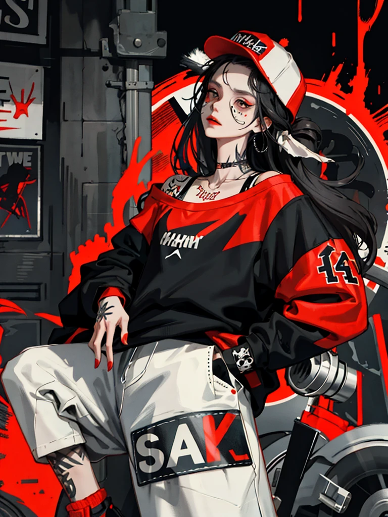 1girll,Back shadow splatter, red paint splatter Sweatshirt(black ish color),face and neck tattoo, An off-the-shoulder garment,baseball cap,Alchemy Laboratory,the mystery of unknown territories,Put your hands in your pockets,random colorful long hair,Shoulder-length hair,Black eyes,Game scene graph, raining street background