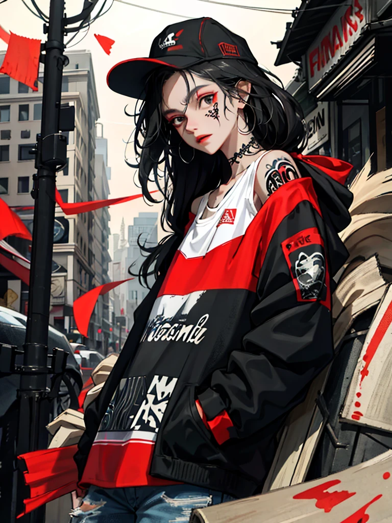 1girll,Back shadow splatter, red paint splatter Sweatshirt(black ish color),face and neck tattoo, An off-the-shoulder garment,baseball cap,Alchemy Laboratory,the mystery of unknown territories,Put your hands in your pockets,random colorful long hair,Shoulder-length hair,Black eyes,Game scene graph, raining street background