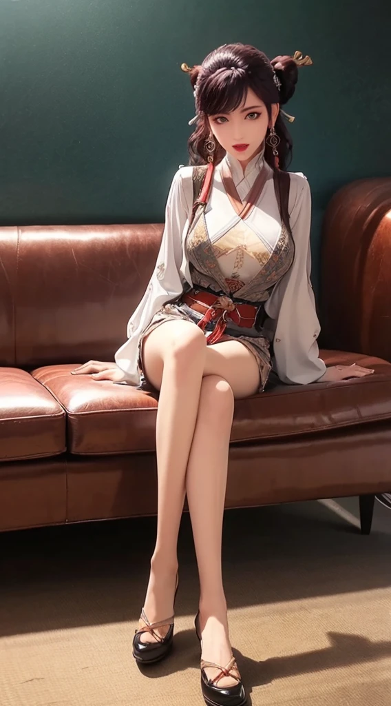 Japanese girl, 1 person, Wear only underwear, red, standing next to the sofa,beautiful girl face,Big round eyes,big breasts, cross-legged leather ,2 sofa handles,