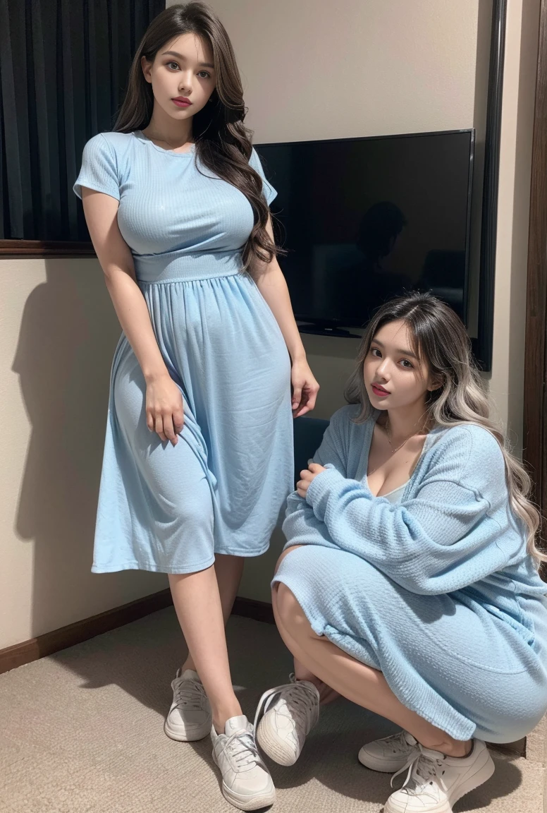 Silver wavy hair down to the middle of the back. Brown eyes. Slim and athletic figure. She wore a blue dress, Light blue shirt. He is wearing sneakers. Very plump.