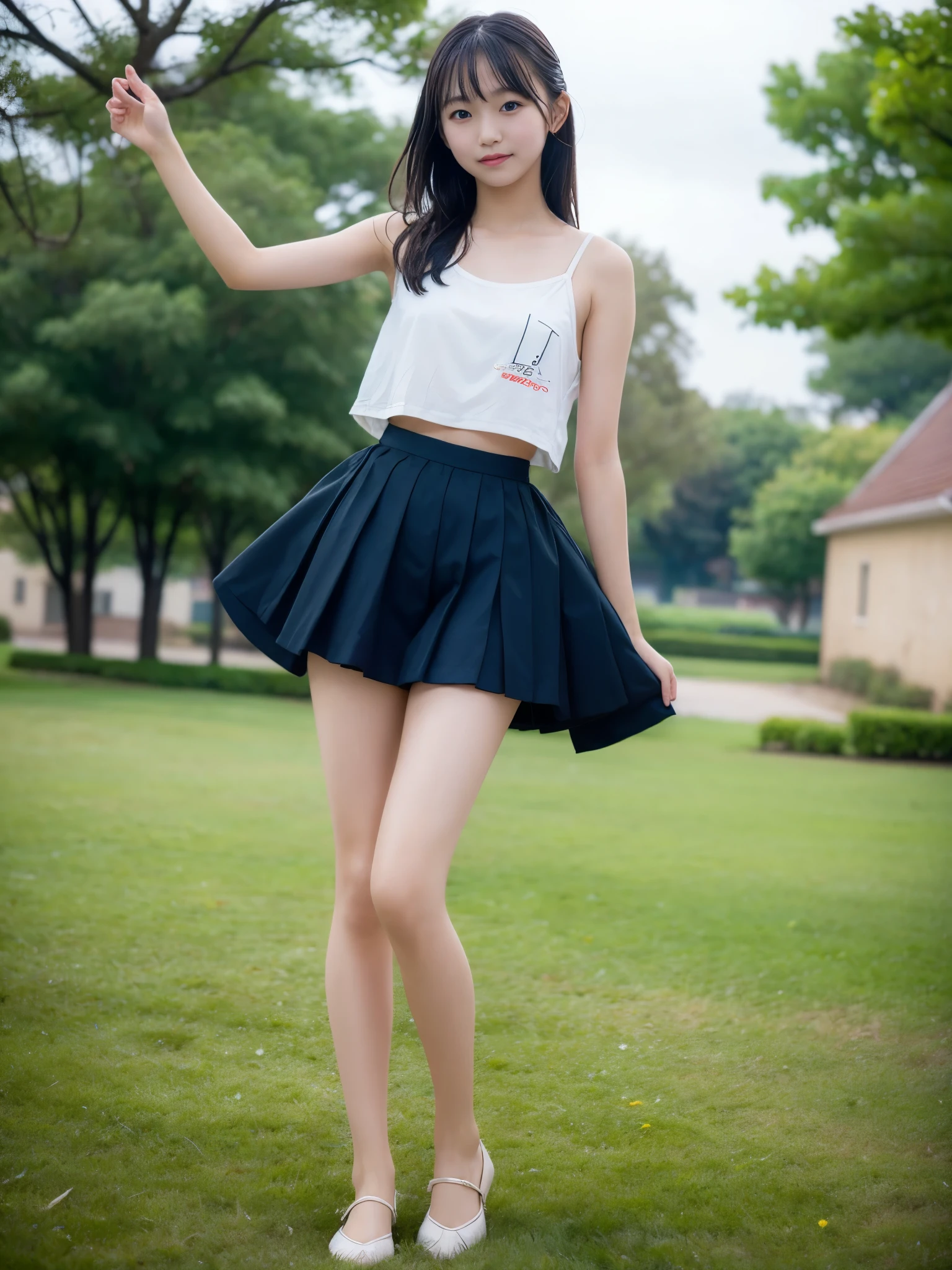 (masterpiece, highest quality:1.4), Award-winning portraits, 8k, 85mm, alone, Beautiful Face, Delicate girl,  (Cheerleader、On the grass), Sophisticated, cute, , RAW Photos, Confused, High resolution, Sharp focus, Background Blur、(((flat  、thin and delicate body、Childish atmosphere)))、shiny semi-long hair、ponytail、Mole on the left cheek、 Dark blue eyes、the skirt is swaying in the wind、Hair swaying in the wind、sexy、flexible legs、naked