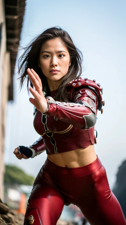(Raw photo:1.2)、（highest quality:1.5）,（Precision:1.5）,(High resolution:1.5),（8k),(Japanese:1.7),(Anatomically correct body:1.5),(Clear Eyes:1.5),(Anatomically perfect face:1.5),Beauty、Beautiful girl fighting a giant octopus,Janne Da Arc,Wearing red armor,Cool female warrior,Composition above the knees,