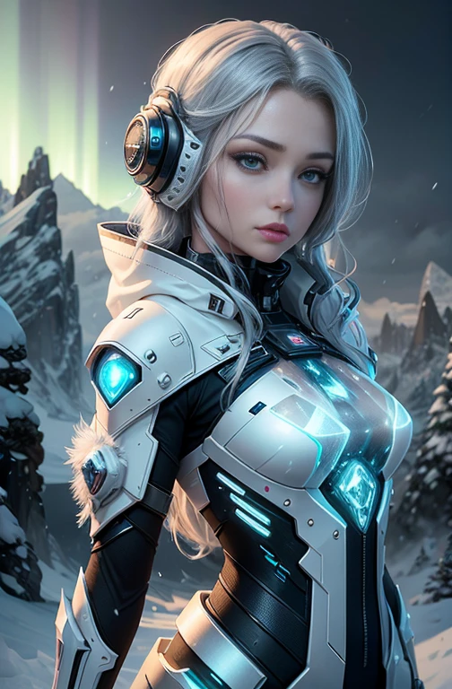ModelShoot style, (Extremely detailed Cg Unity 8K wallpaper),cyber punk perssonage [Snowy mountain landscape with fog：Transparent ethereal girl，snow mountains：0.33] Immerse yourself in the beautiful aurora，Live in the clouds of the starry sky，Behind the clouds，（Doubleexposure：1.3），The face blends with the aurora，Overlay with snowy mountainultiple elements blend the image，photography of：Brandon Woelfelmist，Surreal dreams，Gray atmosphere，raining day，dyna，lut，hdr，Surrealist art fantasy style，Epic digital fantasy art style，Beautiful sci-fi art, Science-fi digital art illustration,science fiction digital painting, futuristic digital painting, futuristic concept art, In front of the sci-fi snowy mountain landscape, science fiction digital art, Fantastic transparent ethereal girl