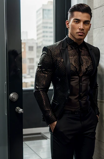 Handsome Latin Man Glamor Modern Fashion Fashion suit haute couture Black lace suit Athletic Sexy black lace pop Star Bare chest Transparent and tulle. tight pants showing the muscles