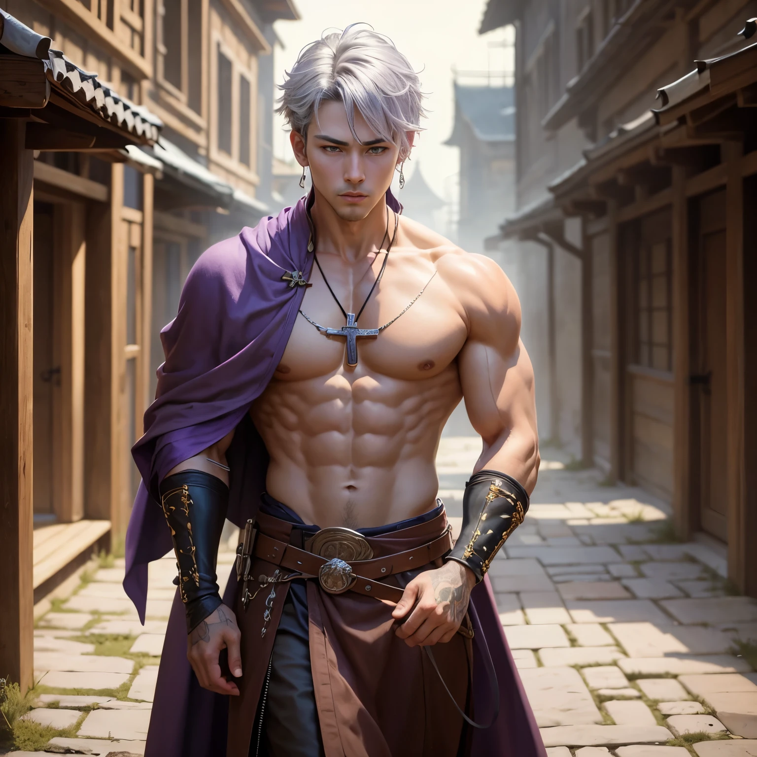 8k, masterpiece, best quality, realistic, higly detailed, cowboy shot, 1boy, solo, Takashi Mitsuya, man, downturned lavender eyes, short silver-lilac hair, muscular body, concealed dragon tattoo on right temple, black huggie earring in a cross design on left ear, clothed, medieval, monk, clothed, medieval, monk, clothed, medieval, monk,