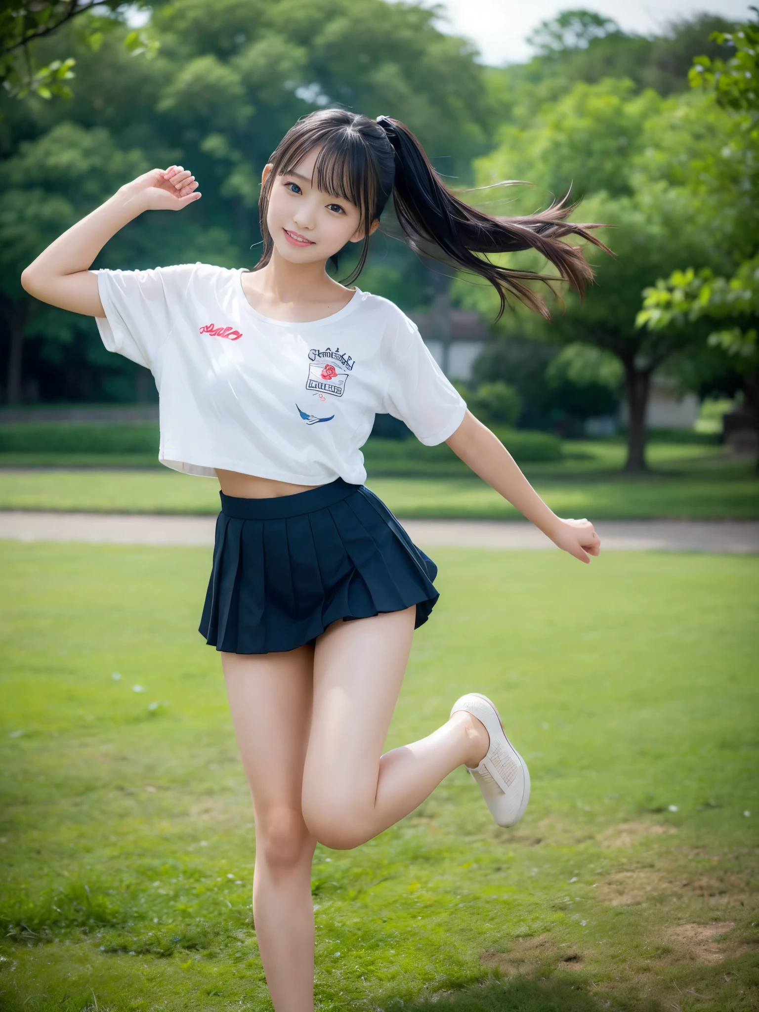 (masterpiece, highest quality:1.4), Award-winning portraits, 8k, 85mm, alone, Beautiful Face, Delicate girl,  (Cheerleader、On the grass), Sophisticated, cute, , RAW Photos, Confused, High resolution, Sharp focus, Background Blur、(((flat  、thin and delicate body、Childish atmosphere)))、shiny semi-long hair、ponytail、Mole on the left cheek、 Dark blue eyes、the skirt is swaying in the wind、Hair swaying in the wind、sexy、flexible legs、naked