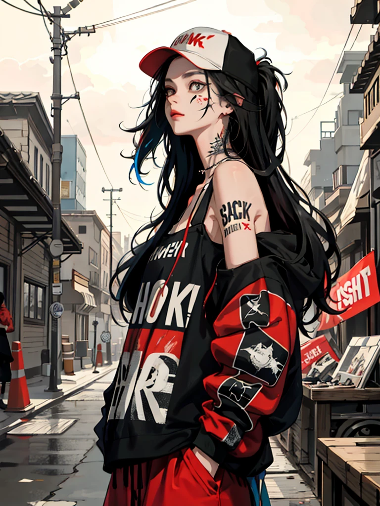 1girll,Back shadow splatter, red paint splatter Sweatshirt(black ish color),face and neck tattoo, An off-the-shoulder garment,baseball cap,Alchemy Laboratory,the mystery of unknown territories,Put your hands in your pockets,random colorful long hair,Shoulder-length hair,Black eyes,Game scene graph, raining street background