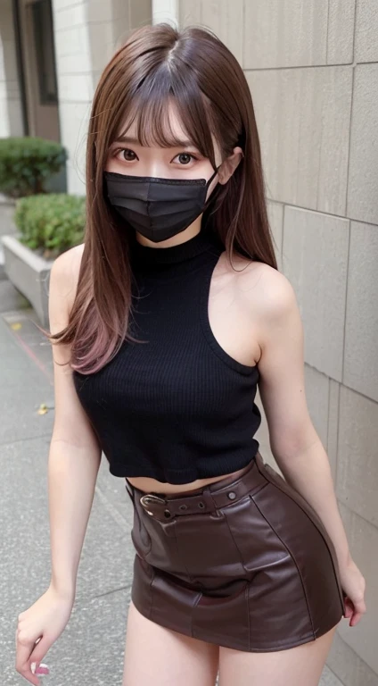 best quality, masterpiece, 1girl, miuna, slender, (brown hair:1.3), medium breasts, looking at viewer, detailed, (pink colored inner hair,:1.2), jirai fashion, black waist skirt, (black eyes:1.2), long hair, (black mouth mask:1.3), highlight in eyes, long hair