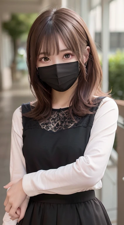 best quality, masterpiece, 1girl, miuna, slender, (brown hair:1.3), medium breasts, looking at viewer, detailed, (pink colored inner hair,:1.2), jirai fashion, black waist skirt, (black eyes:1.2), long hair, (black mouth mask:1.3), highlight in eyes, long hair